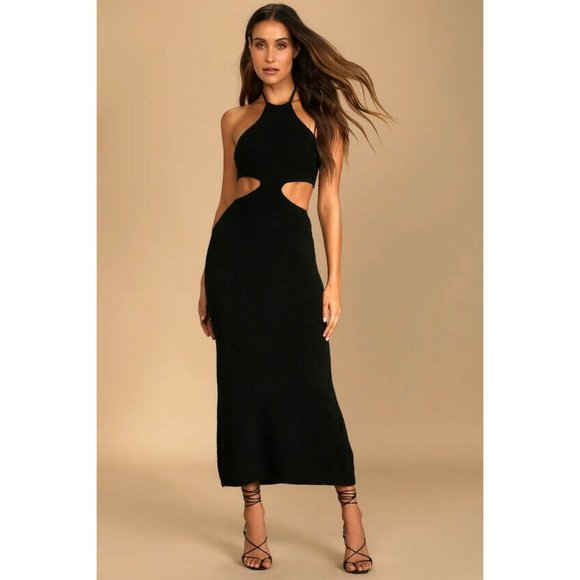 Lulus Dresses & Skirts - Lulu’s Black Lush for Life Cutout Halter Knit Midi Dress